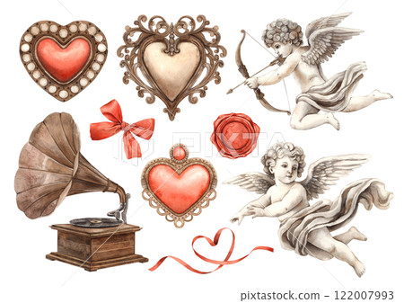 Cupids-angels of love, gramophone, ribbon, bow, openwork hearts with velvet centers. Watercolor set of illustrations is suitable for decorating festive events weddings, Valentine's Day, anniversaries 122007993