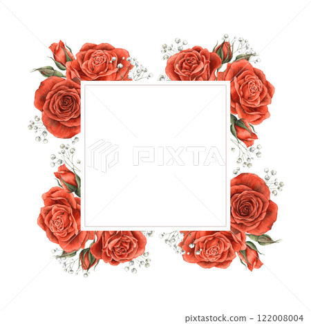 Red velvet bright roses with green leaves. Watercolor frame illustration, square shape, hand drawn, suitable for banners, cards, invitations, packaging, weddings, Valentine's Day, anniversary Red velvet bright roses with green leaves. Watercolor frame illustration, square shape, hand drawn, suitable for banners, cards, invitations, packaging, weddings, Valentine's Day, anniversary 122008004