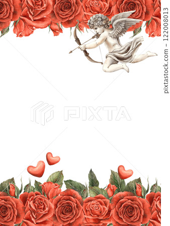 A bouquet of red roses with green leaves and an angel-cupid flying among them. Watercolor illustration for cards, invitations, banners for a wedding, Valentine's Day, birthdays and anniversaries 122008013