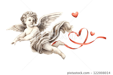 Cherub angel cupid of love made of ceramic material with a red heart and a silk ribbon. Watercolor illustration in vintage style, suitable for wedding, Valentine's Day, anniversary, cards, banner Cherub angel cupid of love made of ceramic material with a red heart and a silk ribbon. Watercolor illustration in vintage style, suitable for wedding, Valentine's Day, anniversary, cards, banner 122008014