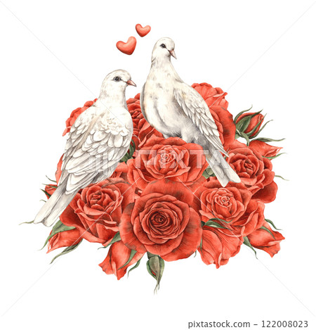White realistic doves sit in a bouquet of red velvet roses with leaves and hearts fly around, the composition symbolizes love. Watercolor illustration for cards, wedding invitations, Valentine's Day 122008023