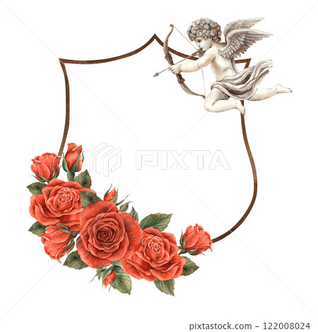 Elegant vintage frame with red roses with green leaves and cute cupid angel with arrow. Hand drawn watercolor illustration, perfect for Valentine's Day, weddings, invitations or romantic designs 122008024
