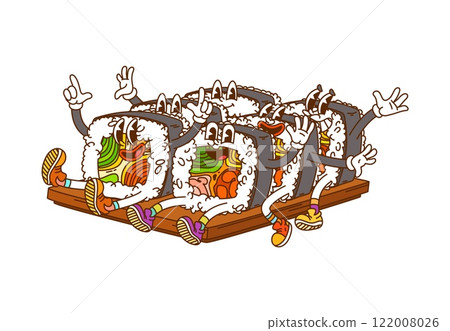 Groovy sushi rolls as retro cartoon hippie fast food, vector characters. Groovy sushi rolls with happy smile on funny faces and laughing in funky fun for Japanese cuisine or Asian fast food characters 122008026