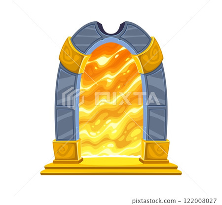 Fantasy game magic portal door, witchcraft game asset. Mystical magic teleport, stone archway with golden runes and glowing orange and yellow plasma. Cartoon vector gateway to magical realm travel Fantasy game magic portal door, witchcraft game asset. Mystical magic teleport, stone archway with golden runes and glowing orange and yellow plasma. Cartoon vector gateway to magical realm travel 122008027