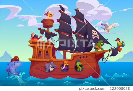 Cartoon sail ship with animal pirates characters. Vector brigantine with parrot, turtle, crocodile and tiger, elephant, crab and pelican bird crew sailing across the ocean with shark enjoying journey Cartoon sail ship with animal pirates characters. Vector brigantine with parrot, turtle, crocodile and tiger, elephant, crab and pelican bird crew sailing across the ocean with shark enjoying journey 122008028