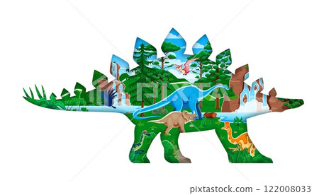 Prehistoric paper cut stegosaurus dinosaur silhouette. Extinct reptile paper cut vector banner with haplocanthosaurus, centrosaurus, corythosaurus and argentavis, pteranodon, hypacrosaurus dinosaurs 122008033