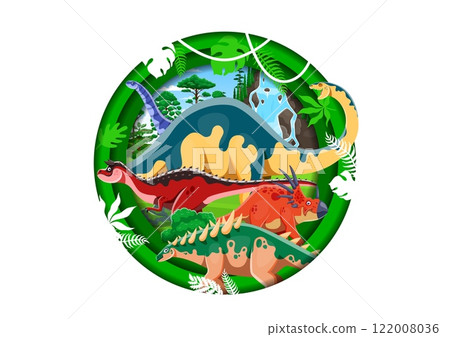 Paper cut prehistoric dinosaurs landscape. Jurassic era animals in jungle paper cut round vector banner with carnotaurus, styracosaurus, polacanthus and melanorosaurus, hypselosaurus cute dinosaurs Paper cut prehistoric dinosaurs landscape. Jurassic era animals in jungle paper cut round vector banner with carnotaurus, styracosaurus, polacanthus and melanorosaurus, hypselosaurus cute dinosaurs 122008036