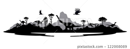 Monochrome prehistoric dinosaur silhouettes. Prehistoric nature landscape vector silhouette with mountains, forest trees and pelecanimimus, paralititan and probactrosaurus, scutellosaurus dinosaurs Monochrome prehistoric dinosaur silhouettes. Prehistoric nature landscape vector silhouette with mountains, forest trees and pelecanimimus, paralititan and probactrosaurus, scutellosaurus dinosaurs 122008089