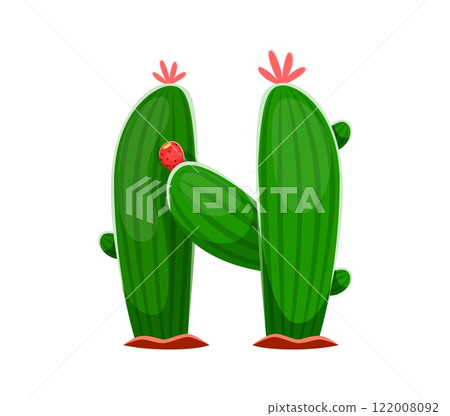 Letter N featuring cartoon cactus plant with thorns, flowers. Playful western cowboy font character, wild west typeface, English alphabet type symbol in playful shape of succulent desert flower 122008092