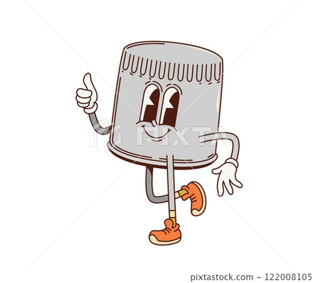 Cartoon retro groovy oil filter character. Automobile fuel and oil filtration system spare part cute isolated vector personage, car repair vector groovy mascot. Vehicle filter funny cartoon character 122008105
