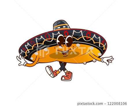 Mexican sombrero hat cheerful groovy character. Hispanic culture fiesta party outfit comical 60s 70s mascot, Mexican amigo men headwear sombrero hat isolated cartoon vector character or groovy mascot 122008106