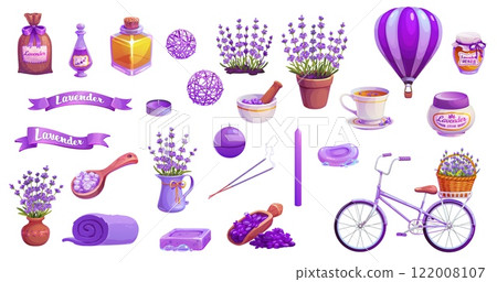 Cartoon lavender cosmetics and care, oil, perfume and flowers. Vector set including wildflower bouquet in pot or vase, hot air balloon and products like honey, soap and candles, tea, cream and bicycle 122008107