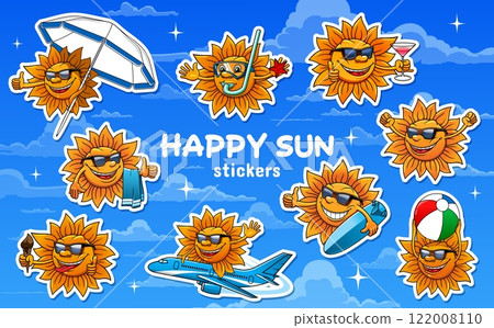 Cartoon sun characters stickers pack, vector summer, travel and beach vacation. Happy smiling sun characters with sunglasses, airplane, beach ball and umbrella, ice cream and surfboard stickers set Cartoon sun characters stickers pack, vector summer, travel and beach vacation. Happy smiling sun characters with sunglasses, airplane, beach ball and umbrella, ice cream and surfboard stickers set 122008110