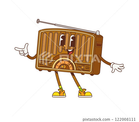 Groovy retro radio or hippie cartoon character with funny face, vector emoji. Groovy retro boombox radio with antenna and happy funky smile or laugh for cartoon psychedelic character and hippie symbol Groovy retro radio or hippie cartoon character with funny face, vector emoji. Groovy retro boombox radio with antenna and happy funky smile or laugh for cartoon psychedelic character and hippie symbol 122008111