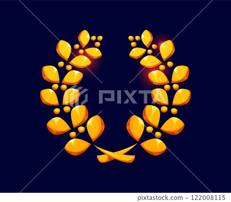 Golden laurel wreath icon or badge, game asset features shiny leaves and berries. Cartoon vector gold laurel branches symbolizing victory and achievement, awards or celebration for fantasy game or app Golden laurel wreath icon or badge, game asset features shiny leaves and berries. Cartoon vector gold laurel branches symbolizing victory and achievement, awards or celebration for fantasy game or app 122008115