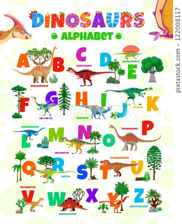 Kids dinosaur alphabet featuring names of dino animal species for the letter. Cartoon vector prehistoric abc for children education, promoting learning and fun interaction with prehistoric creatures 122008117