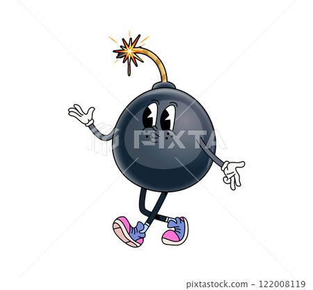 Groovy bomb character with burning wick and y2k hippie vibes. Isolated cartoon vector explosive weapon retro personage with expressive eyes and vintage sneakers, cheerfully walking as its fuse ignites 122008119