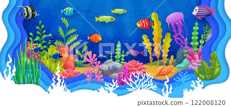 Paper cut underwater landscape of cartoon sea bottom with tropical sea fish. Vector 3d frame of paper cut blue waves, funny fish shoals, jellyfish and seashell, seaweed and corals underwater landscape 122008120