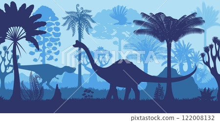 Prehistoric dinosaurs silhouettes in tropical jungle forest at night. Jurassic dino animals and pterosaur, palm trees and plants vector background. Argentavis, pelorosaurus and tarbosaurus dinosaurs Prehistoric dinosaurs silhouettes in tropical jungle forest at night. Jurassic dino animals and pterosaur, palm trees and plants vector background. Argentavis, pelorosaurus and tarbosaurus dinosaurs 122008132
