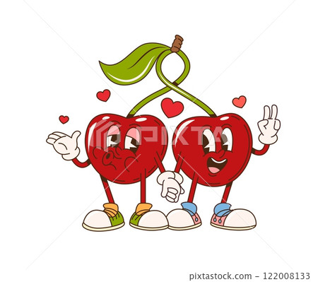 Cartoon retro groovy cherry twins characters. Farming ripe and natural berry happy characters in love, fresh cherry two cherries holding hands hippie isolated vector cute Valentine day personages Cartoon retro groovy cherry twins characters. Farming ripe and natural berry happy characters in love, fresh cherry two cherries holding hands hippie isolated vector cute Valentine day personages 122008133