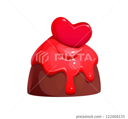 Valentine heart pink candy, sweets and confectionery. Saint Valentine holiday chocolate candy dessert with red heart and cream icing, romance day gift or love party isolated vector sweet cocoa praline 122008135