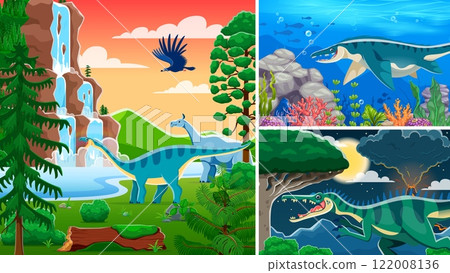 Prehistoric dinosaur characters collage with Jurassic lizards and reptiles, vector background. Kids prehistoric dinosaurs atlas or paleontology book cover with giant predators and underwater reptiles Prehistoric dinosaur characters collage with Jurassic lizards and reptiles, vector background. Kids prehistoric dinosaurs atlas or paleontology book cover with giant predators and underwater reptiles 122008136