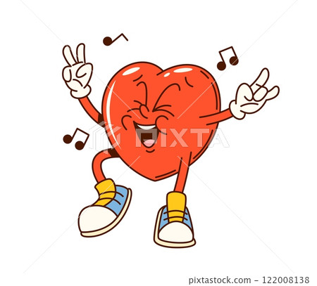 Groovy Valentine heart character. Saint Valentine holiday cute groovy character. Love party or romance day happy dancing heart 60s 70s funky vector personage or retro cartoon cheerful mascot 122008138
