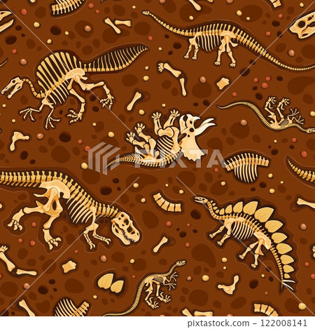 Prehistoric dinosaur fossils seamless pattern features dino bones and skeletons arranged on brown, textured soil background. Vector tile, wallpaper or textile with cartoon ancient skeletal structures 122008141