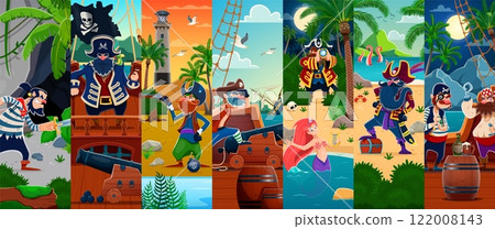 Cartoon pirate and corsair characters collage with maritime scenes. Vector fantasy sailors and captains engaged in treasure hunt on tropical island, capturing the adventurous spirit of nautical tales 122008143