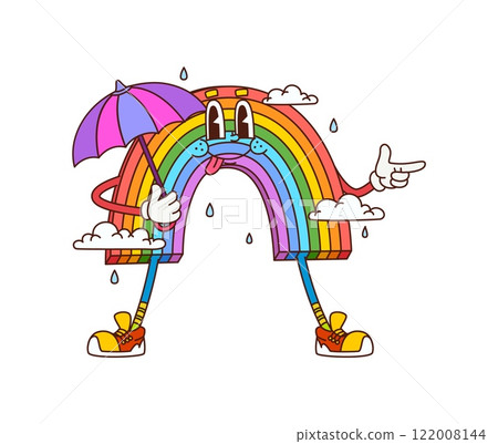 Retro groovy rainbow character with umbrella. Isolated cartoon vector joyful, colorful, vibrant heavenly arch personage, radiating carefree spirit of 1960s aesthetics and rainy cloudy weather forecast 122008144