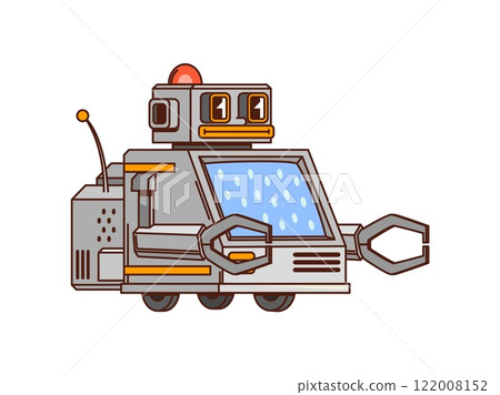 Cartoon funny groovy robot and droid character with playful expression, antenna and friendly face. Vector retro futuristic personage with mechanical claws and wheels exuding nostalgic sci-fi vibe 122008152