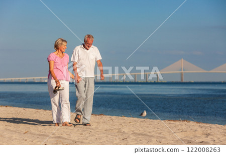 Happy Senior Couple Walking Holding Hands Tropical Beach Happy Senior Couple Walking Holding Hands Tropical Beach 122008263