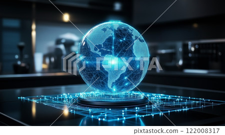 Glowing blue digital Earth model with network connections in a modern setting Glowing blue digital Earth model with network connections in a modern setting 122008317