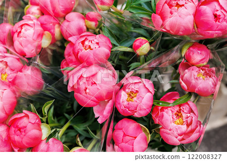 Close-up overhead view pink peony Dutch bouquets at vibrant street flower market sale. Lot multicolored blossoming bouquets background. Floral blooming wholesale retail plant store. Florist service Close-up overhead view pink peony Dutch bouquets at vibrant street flower market sale. Lot multicolored blossoming bouquets background. Floral blooming wholesale retail plant store. Florist service 122008327