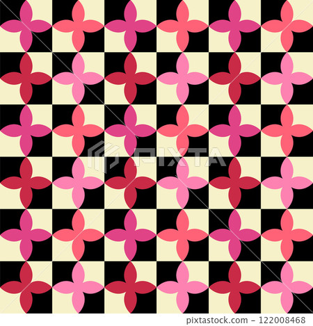 Checker board, bright flower shapes abstract seamless pattern. Decorative geometrical grid. Black white pink shades vintage colours palette. Graphical ornamental background. Vector illustration 122008468