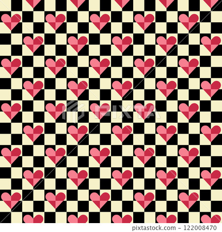 Checker board, bright heart shape abstract seamless pattern. Decorative geometrical grid. Black white pink shades vintage colours palette. Graphical ornamental background. Vector illustration Checker board, bright heart shape abstract seamless pattern. Decorative geometrical grid. Black white pink shades vintage colours palette. Graphical ornamental background. Vector illustration 122008470