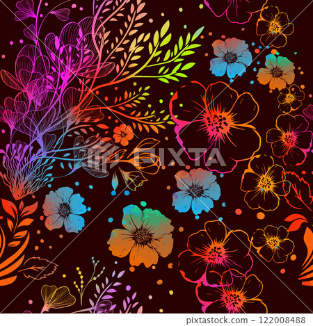 Rainbow flowers seamless dark background. hand drawing. Not AI, Vector illustration Rainbow flowers seamless dark background. hand drawing. Not AI, Vector illustration 122008488