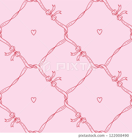 Seamless pattern with satin bow knots, gift ribbons in checkered composition. Trendy hair braiding accessory style. Hand drawn linear vector illustration. Valentine s day coquette background. Seamless pattern with satin bow knots, gift ribbons in checkered composition. Trendy hair braiding accessory style. Hand drawn linear vector illustration. Valentine s day coquette background. 122008490