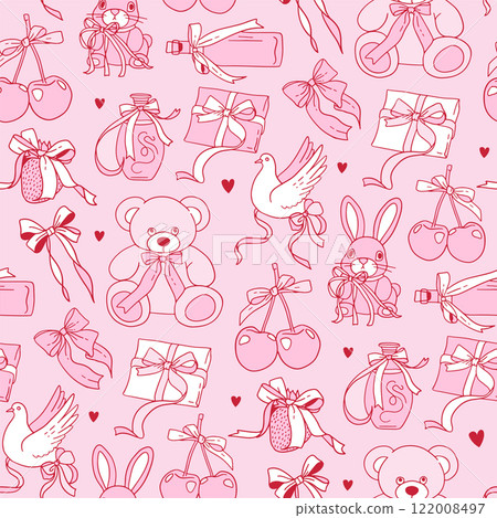 Coquettish Valentine seamless pattern with hand drawn Cherries , teddy, dove and gift with pink bows, hearts. Vintage vector design for wrapping paper and fabric 122008497