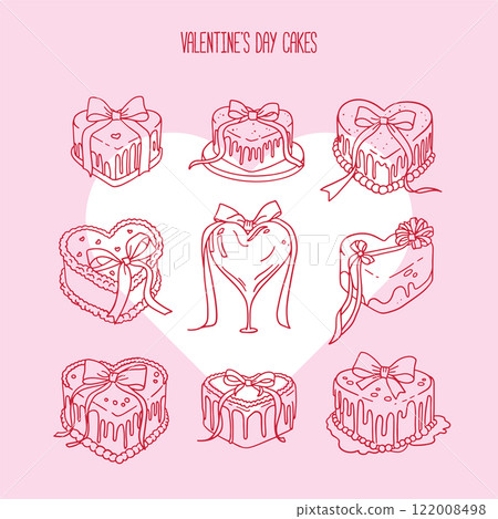 Set of heart shaped birthday or wedding cakes with bows and leaks. Vector hand drawn illustration in Coquette retro sketch style. Holiday clipart for greeting cards and invitations Set of heart shaped birthday or wedding cakes with bows and leaks. Vector hand drawn illustration in Coquette retro sketch style. Holiday clipart for greeting cards and invitations 122008498