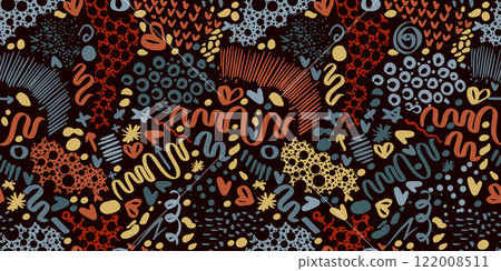 Fun colorful line doodle seamless pattern. Creative abstract art dark background . hand drawing. Not AI, Vector illustration 122008511