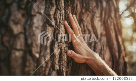 Male hand touching tree trunk sunlight connection environmental mindfulness 122008553