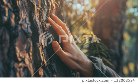 Warm sunlight hand touching rough tree bark forest man trunk close-up wood 122008554