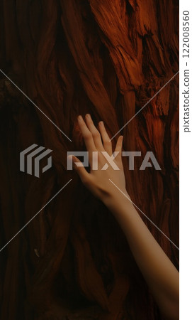 Hand softly touching twisted deep red bark tree atmospheric forest illustration 122008560