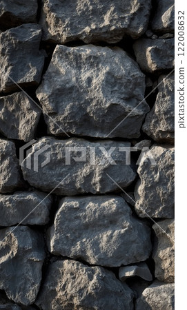stacked grey stones forming rugged background in natural daylight showcasing coarse texture and serene copyspace concept of building, architecture, marketing 122008632