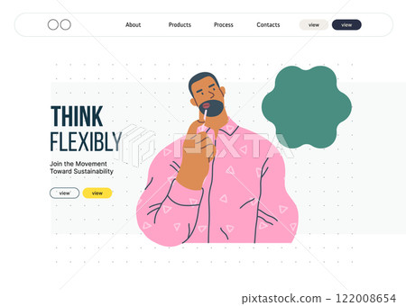 Thinking people, modern flat vector concept illustration- man standing thoughtfully, looking upwards, bubble near his head Metaphor for reflection, analysis, introspection, contemplation, deep thought 122008654