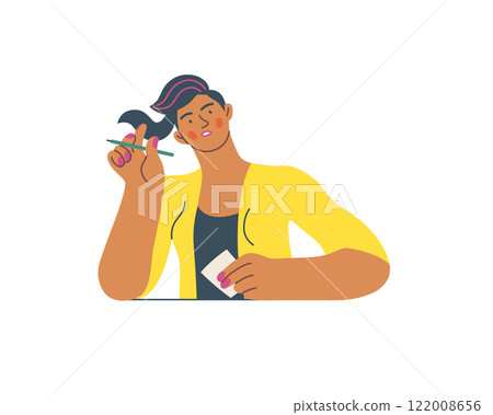 Writing people, modern flat vector concept illustration- sitting woman thoughtfully writing on paper. Metaphor for reflection, personal insight, contemplation, creative expression 122008656