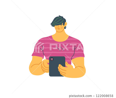Writing people, modern flat vector concept illustration- standing man thoughtfully writing on tablet. Metaphor for reflection, personal insight, contemplation, creative expression 122008658