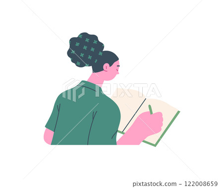 Writing people, modern flat vector concept illustration- sitting woman thoughtfully writing on notebook. Metaphor for reflection, personal insight, contemplation, creative expression 122008659