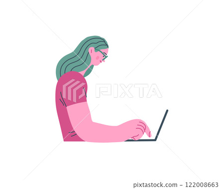 Writing people, modern flat vector concept illustration- sitting woman thoughtfully writing on laptop. Metaphor for reflection, personal insight, contemplation, creative expression 122008663